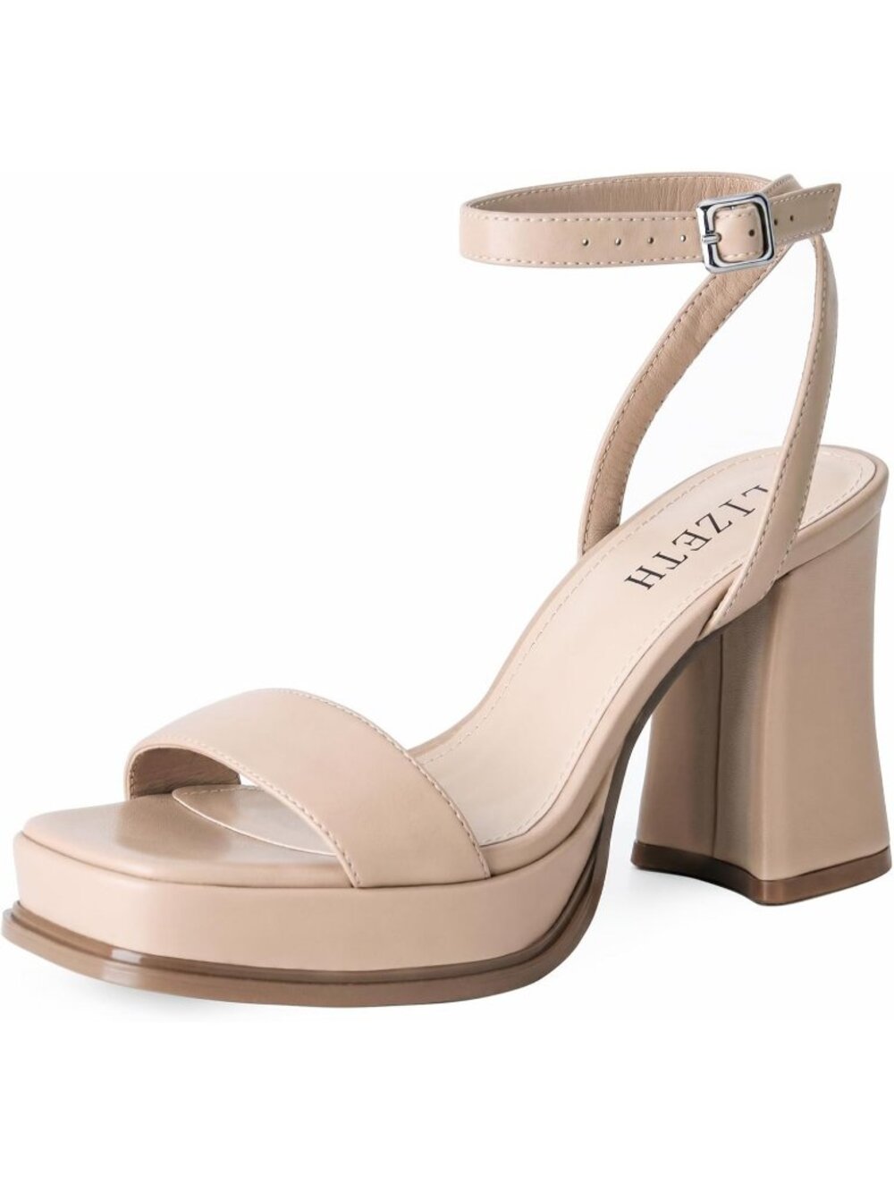 Women's Beige Square Open Toe Chunky Block Heel Comfort Ankle Straps Sandals